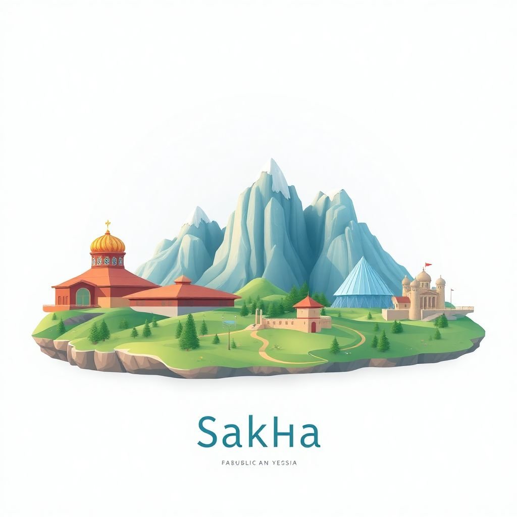 Ultra-high-definition gradient illustration of the Republic of Sakha (Yakutia), Russia, featuring the Mammoth Museum and the Lena Pillars Nature Park.