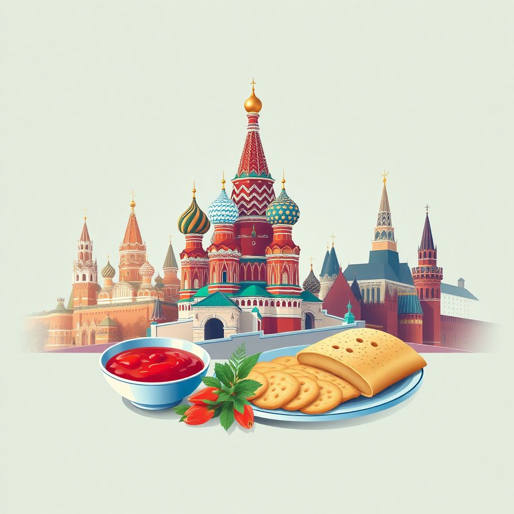 Ultra-high-definition gradient illustration style Russian illustration, showing the unique charm of Saint Basil's Cathedral and the Moscow Kremlin