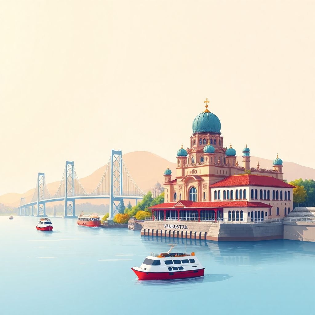 Ultra-high-definition gradient illustration style Primorskiy Kray artwork, featuring the Russky Bridge, Golden Horn Bay, and Vladivostok Railway Station.