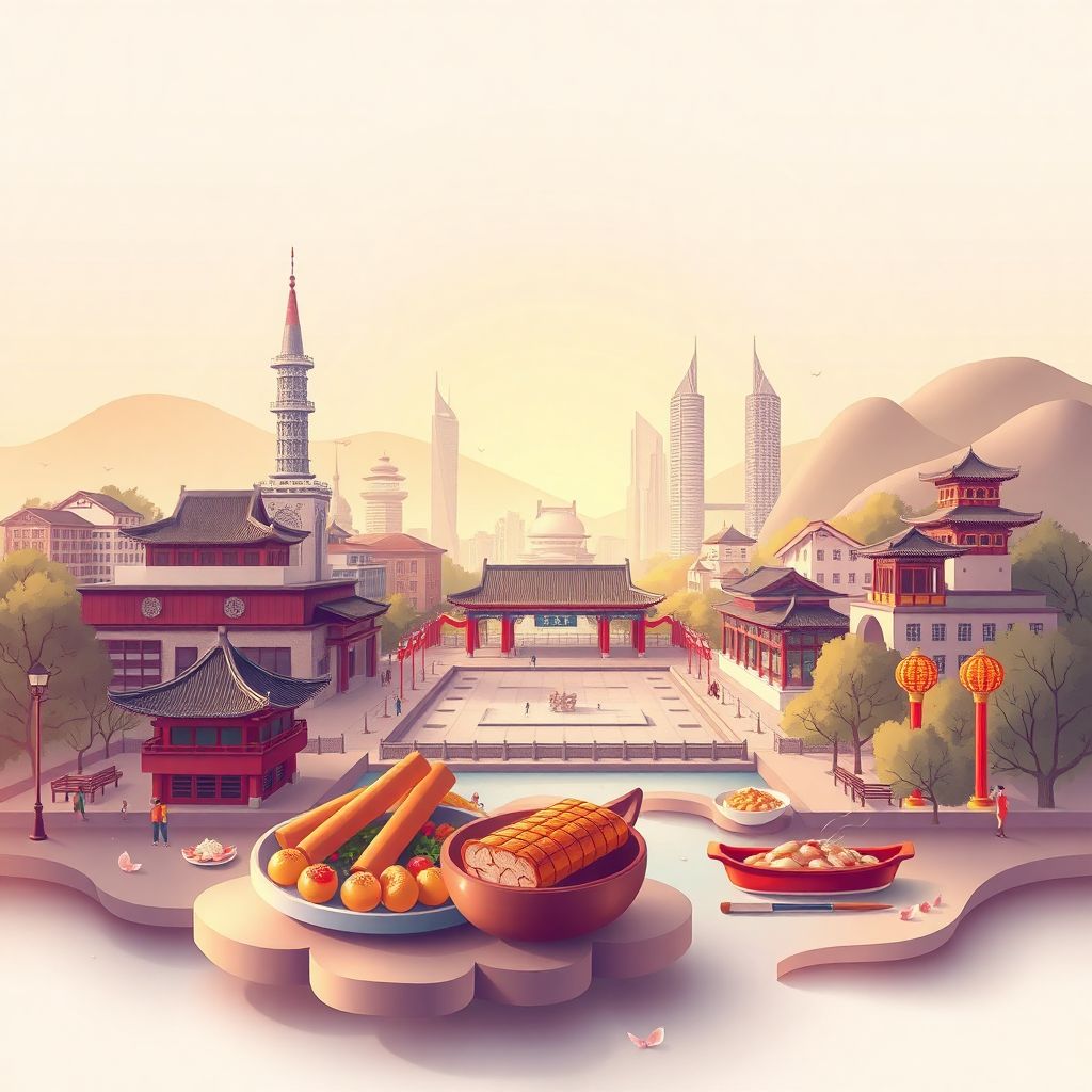 超高清渐变插画风格的吉林市插图，展现了吉林市标志性元素的独特魅力。