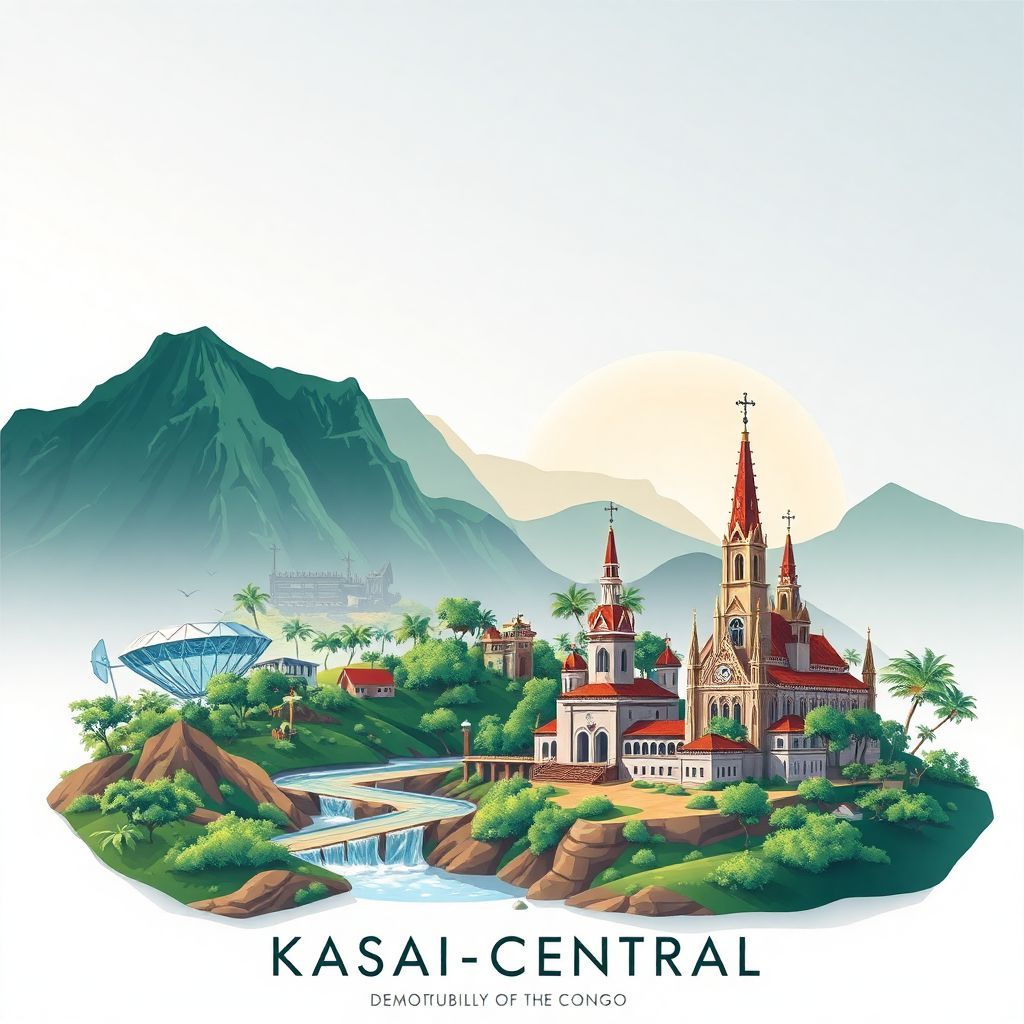 Ultra-high-definition gradient illustration style Kasai-Central illustration, showing the unique charm of the Diamond Mines, the Lomami River, and the Luebo Cathedral.