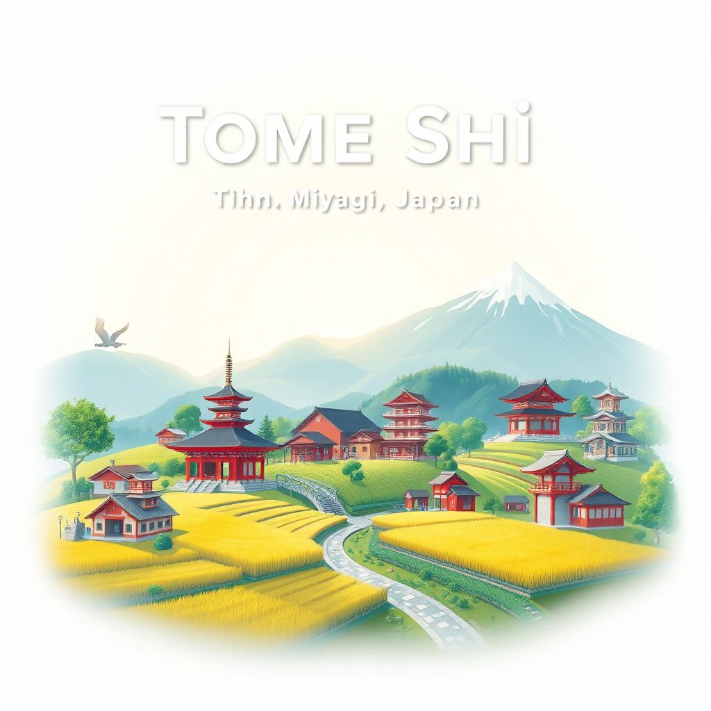 Ultra-high-definition gradient illustration style of Tome Shi, featuring picturesque rice fields, traditional shrines, and serene countryside.