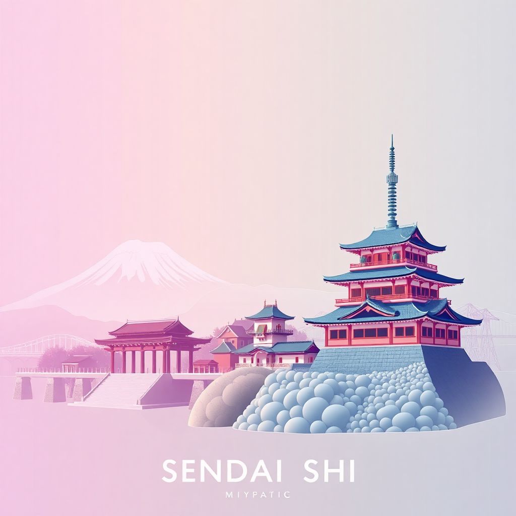 Ultra-high-definition gradient illustration style Sendai Shi illustration, showcasing Zuihoden Mausoleum, Sendai Castle, and gyutan.