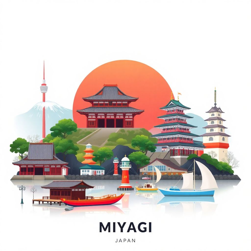 Ultra-high-definition gradient illustration style Miyagi illustration, showing the unique charm of Zuihoden Mausoleum, Matsushima Bay, Sendai Castle, and gyutan.