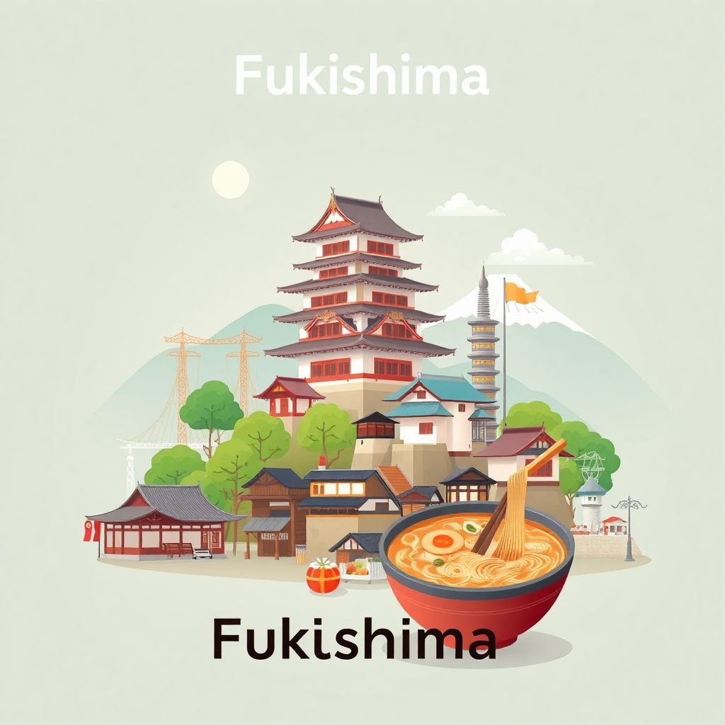 Ultra-high-definition gradient illustration style Fukushima illustration, showing the unique charm of the Fukushima Waraji Festival, Tsuruga Castle, and Kitakata Ramen.