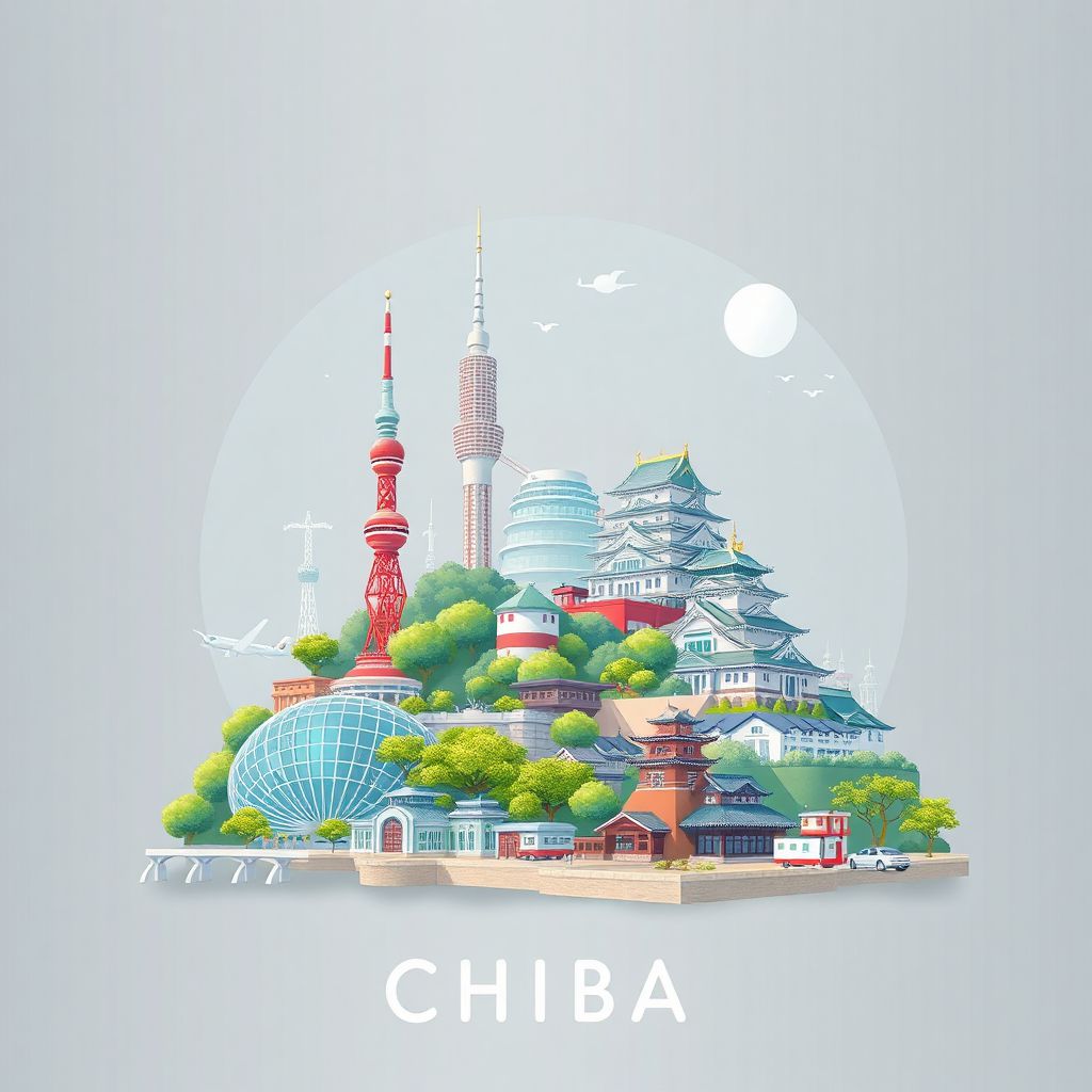 Ultra-high-definition gradient illustration style Chiba illustration, showing the unique charm of Tokyo Disneyland, Narita International Airport, and Chiba Castle.