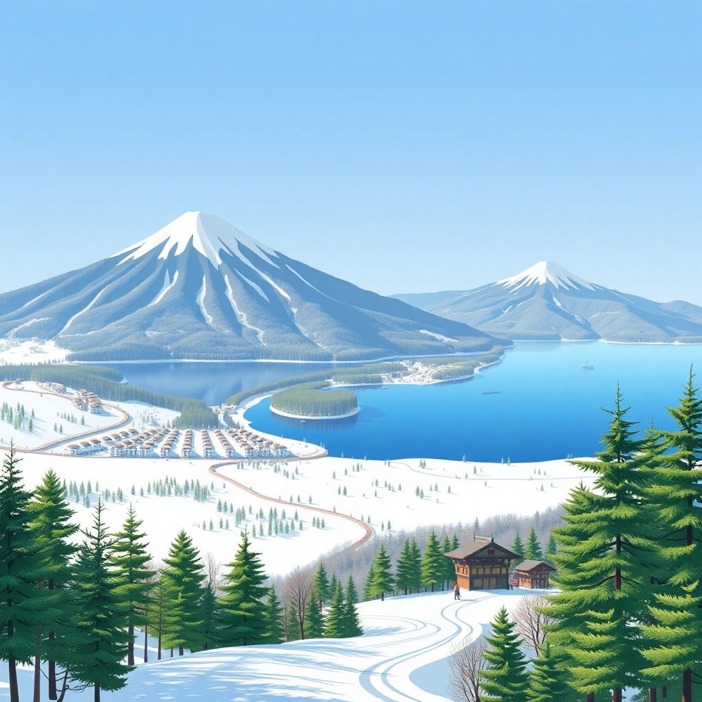 Ultra-high-definition gradient illustration style image of Abuta-gun, Hokkaido, Japan, featuring Lake Shikotsu and Niseko ski resort.