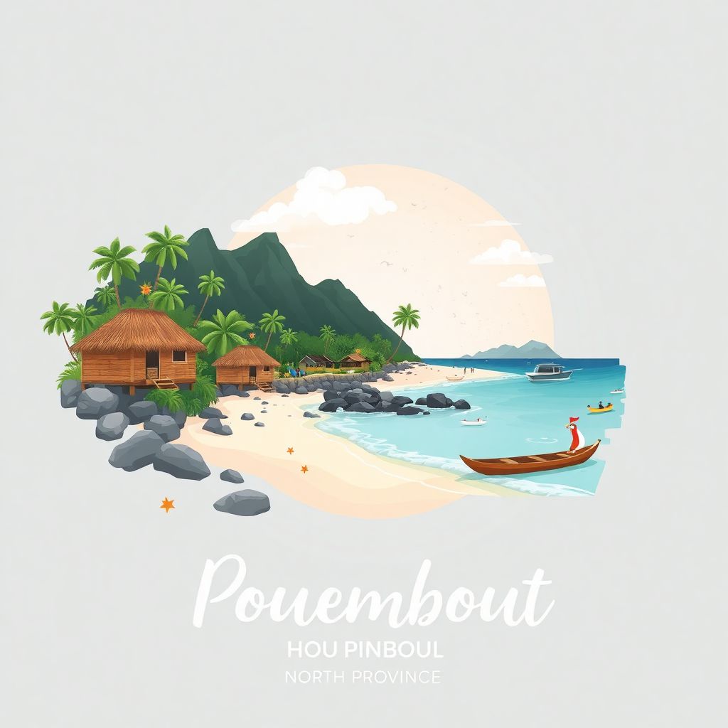 Gradient illustration of Pouembout, North Province, New Caledonia, featuring stunning beaches, local flora and fauna, and traditional Kanak huts.
