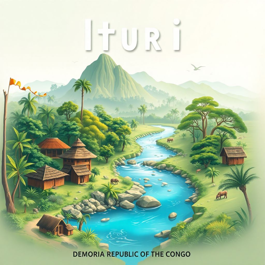 Ultra-high-definition gradient illustration style Ituri illustration, showing the unique charm of the Epulu River, Okapi Wildlife Reserve, and traditional huts.