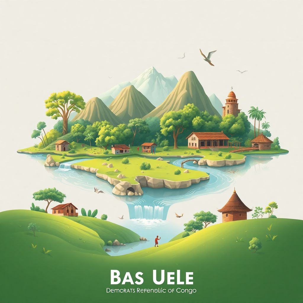 Ultra-high-definition gradient illustration style Bas Uele illustration, showcasing Garamba National Park, the Uele River, and traditional Mangbetu architecture.