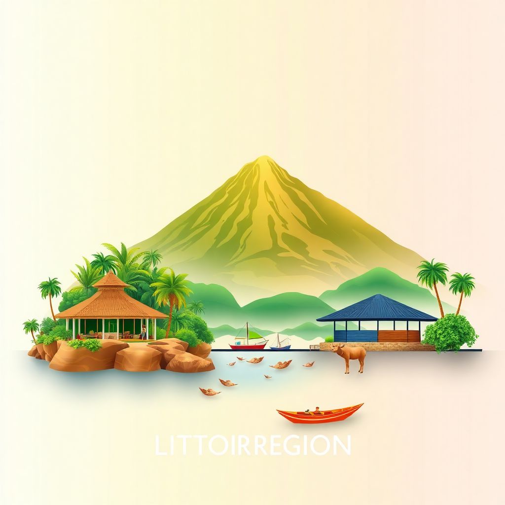 Ultra-high-definition gradient illustration style Littoral Region illustration, showing the unique charm of the Limbe Botanic Garden, Mount Cameroon and the Limbe Wildlife Center.