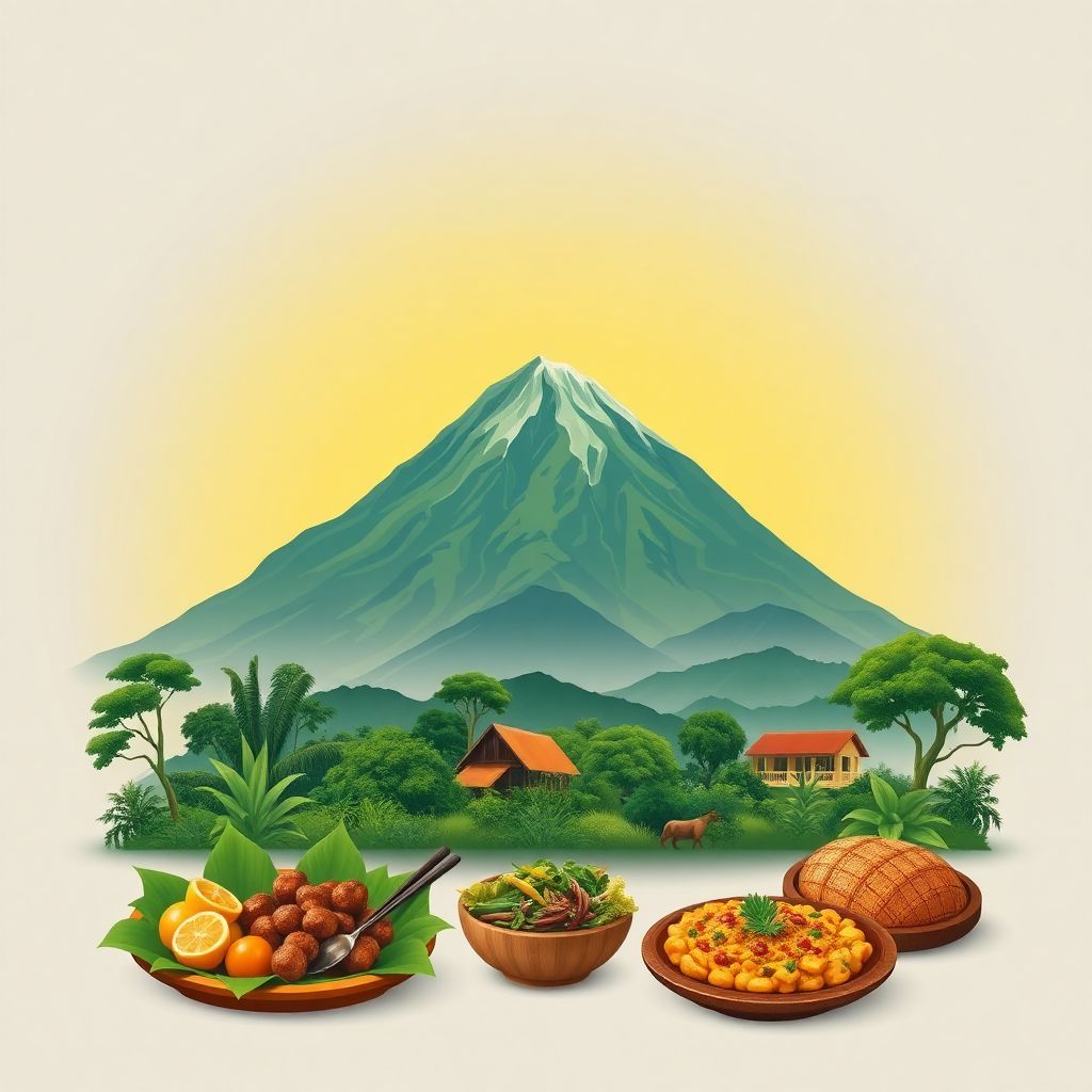 Ultra-high-definition gradient illustration style Cameroon illustration, featuring Mount Cameroon and Limbe Botanical Garden