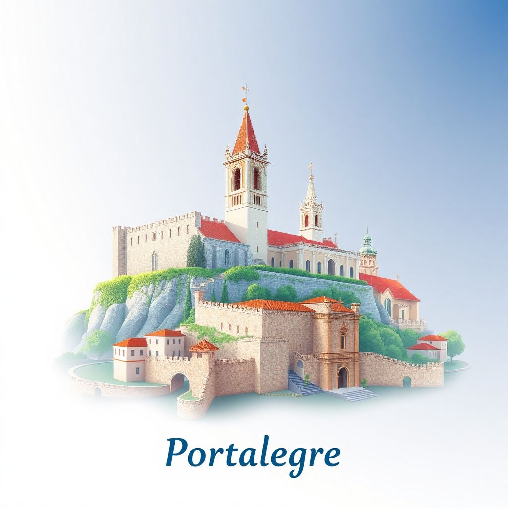 Ultra-high-definition gradient illustration style Distrito de Portalegre illustration, featuring the Castle of Portalegre and the Cathedral of Portalegre.