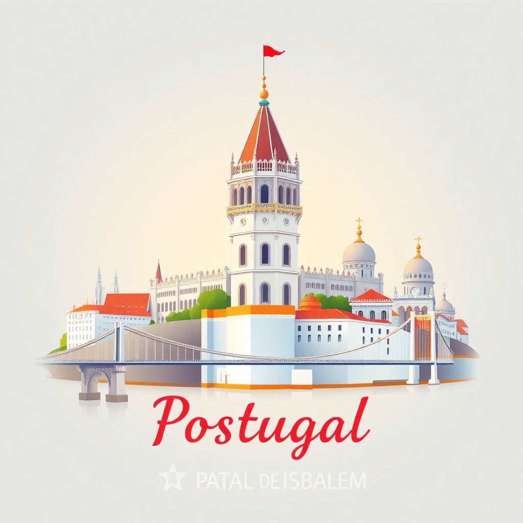 Ultra-high-definition gradient illustration of Lisbon, Portugal, featuring the Belém Tower, Jerónimos Monastery, and the 25 de Abril Bridge.