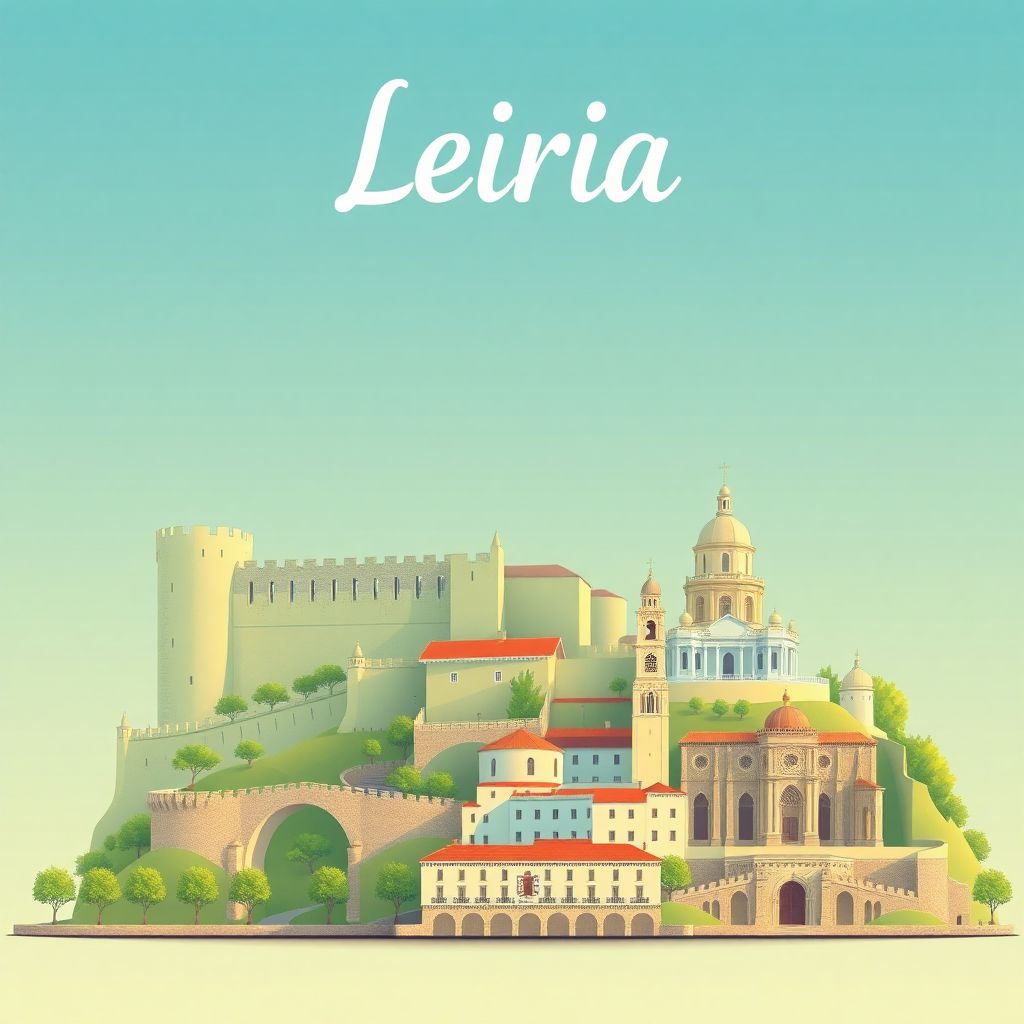 Ultra-high-definition gradient illustration style Leiria illustration, featuring the Castle of Leiria and the Cathedral of Leiria.
