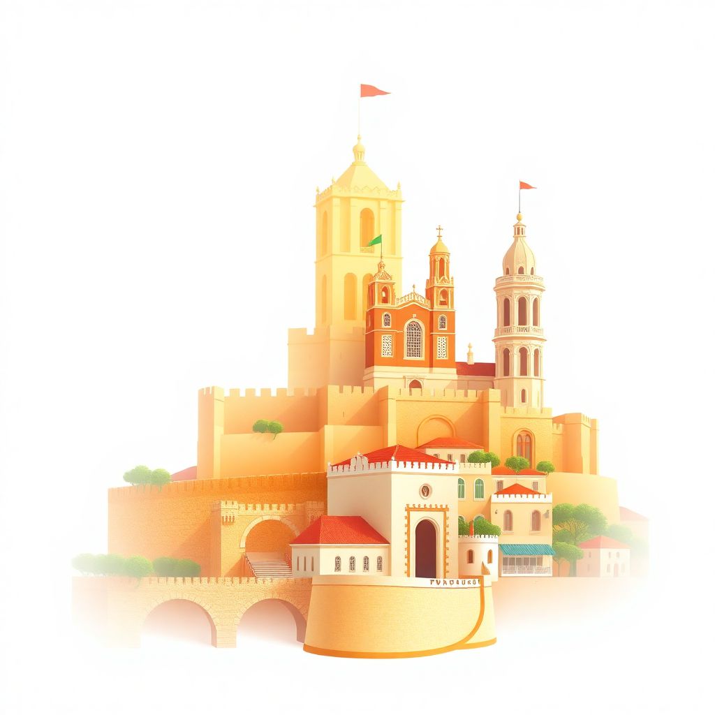 Ultra-high-definition gradient illustration of Faro, Portugal, featuring the Old Town walls, Arco da Vila, Faro Cathedral, and Pastel de Nata.