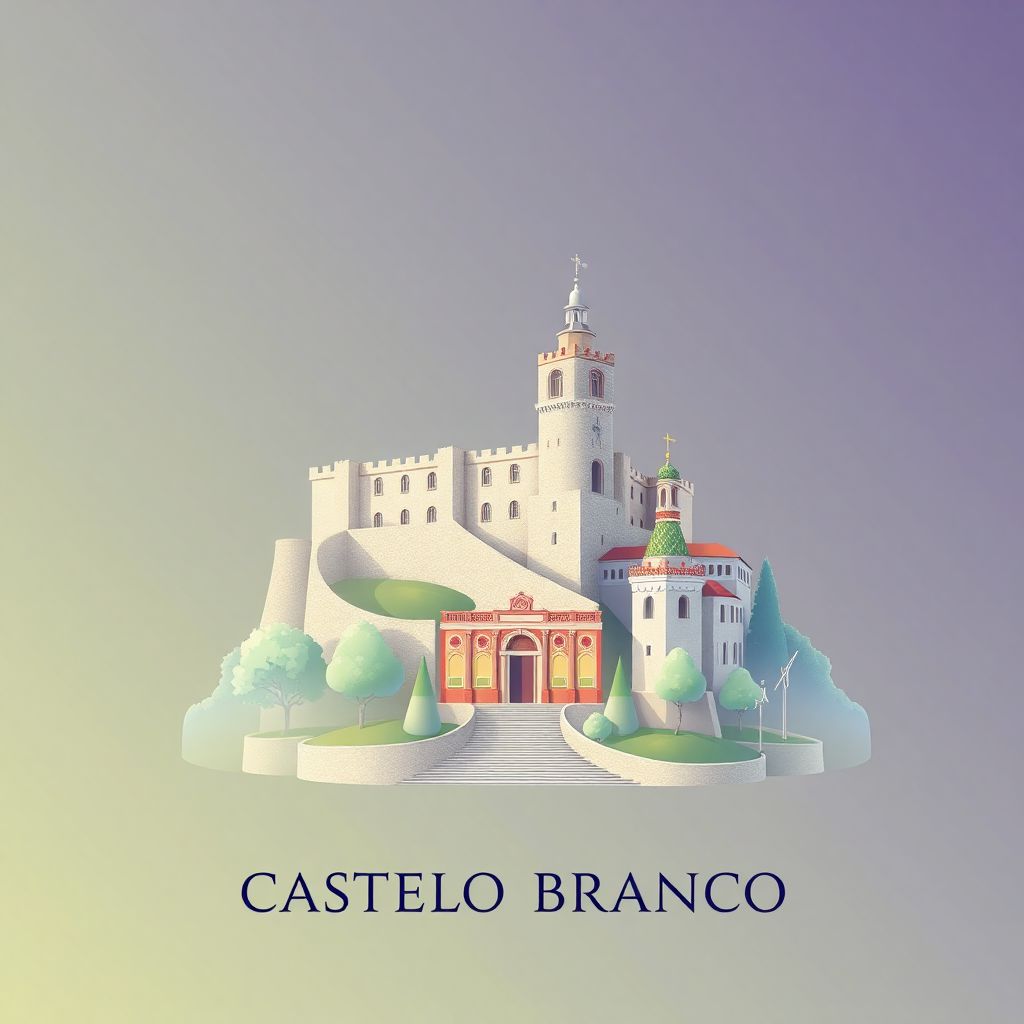 Ultra-high-definition gradient illustration style of Castelo Branco, Portugal, featuring the Castelo de Castelo Branco and Jardim do Paço Episcopal.