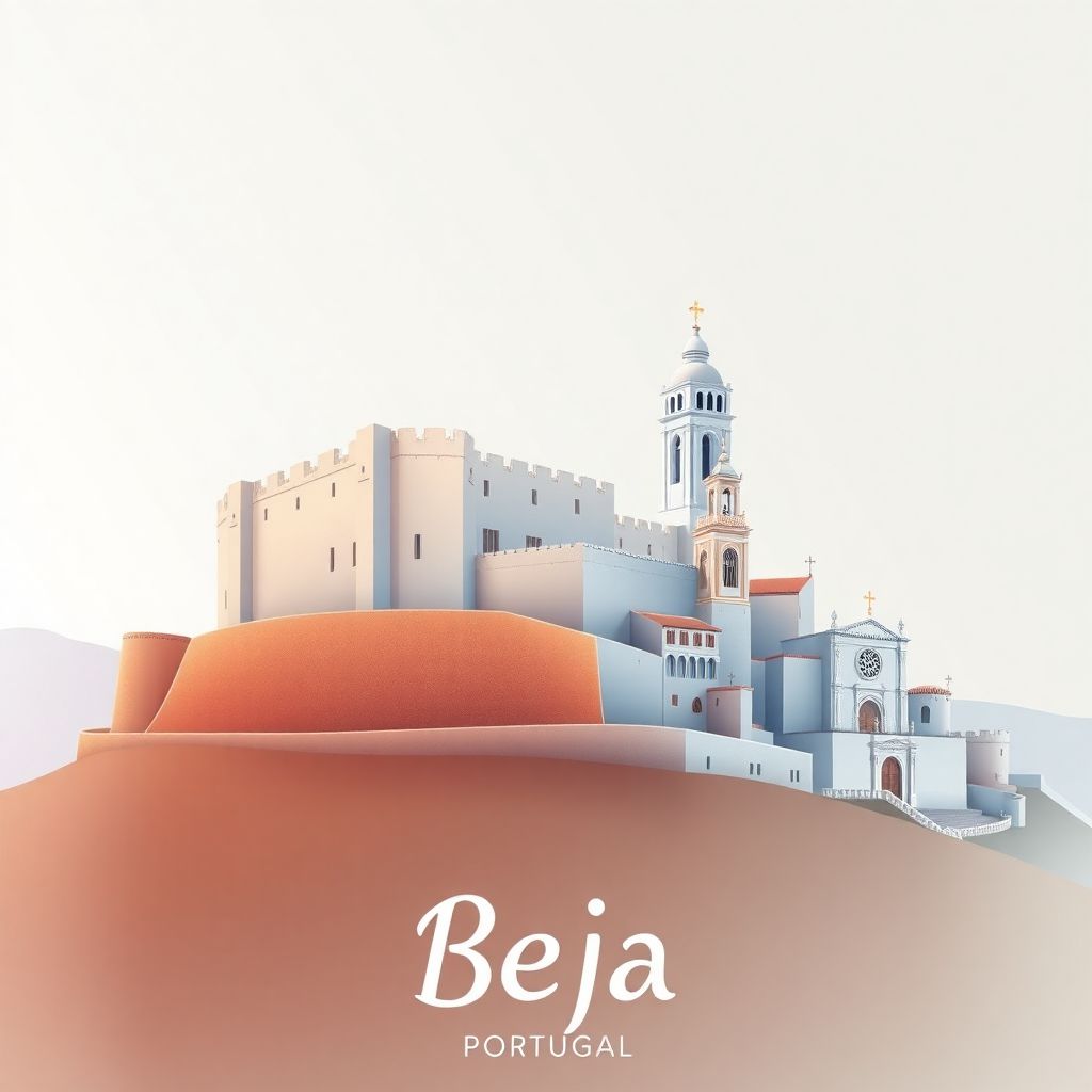 Ultra-high-definition gradient illustration style Beja artwork, featuring the Castle of Beja and the Church of Santa Maria.