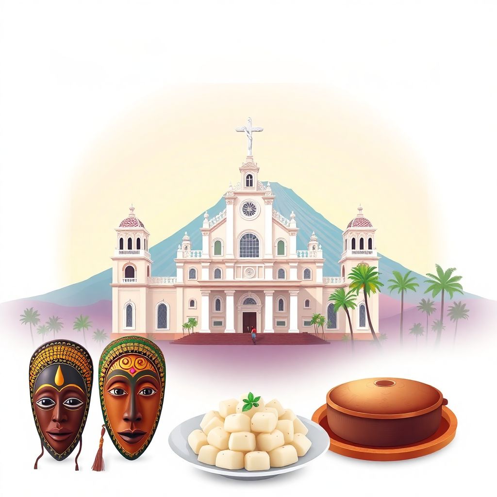 Ultra-high-definition gradient illustration style Equatorial Guinea illustration, featuring the Basilica of Our Lady of Peace and Pico Basilé volcano