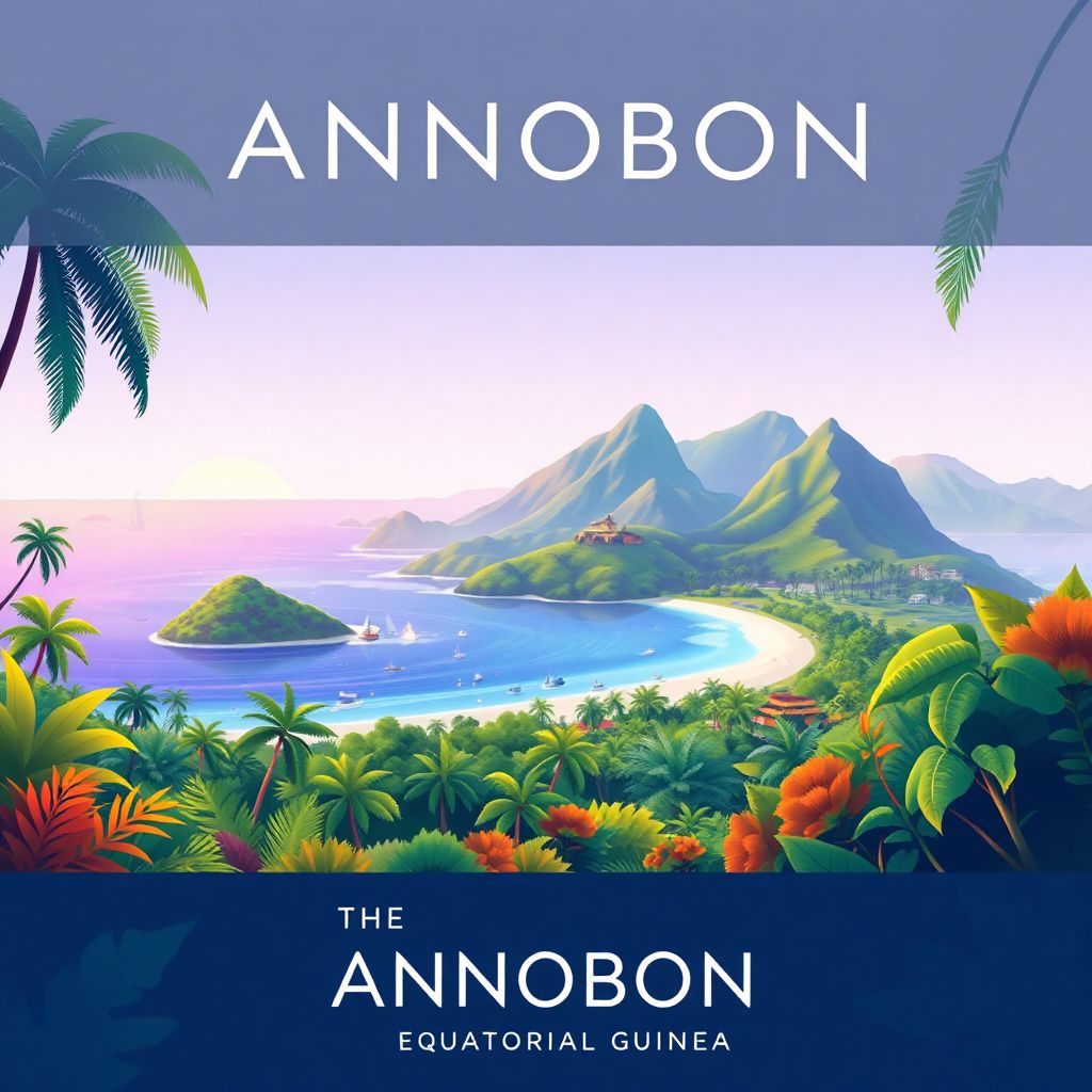 Ultra-high-definition gradient illustration of Annobon, featuring lush tropical forests, beautiful beaches, and rich biodiversity.