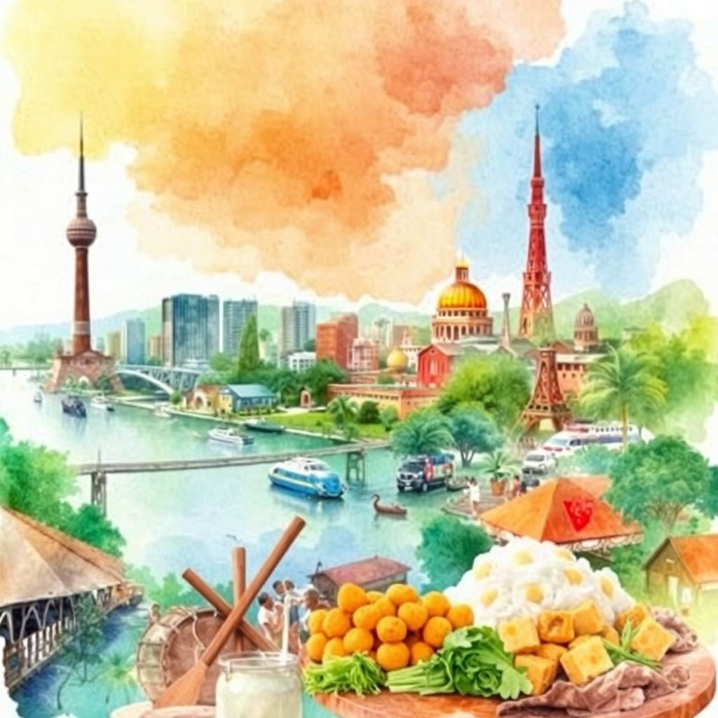 Watercolor painting of Kinshasa City, Democratic Republic of the Congo, featuring the Kinshasa Tower, Congo River, traditional music instruments, local markets, and delicacies like Fufu and Moambe.
