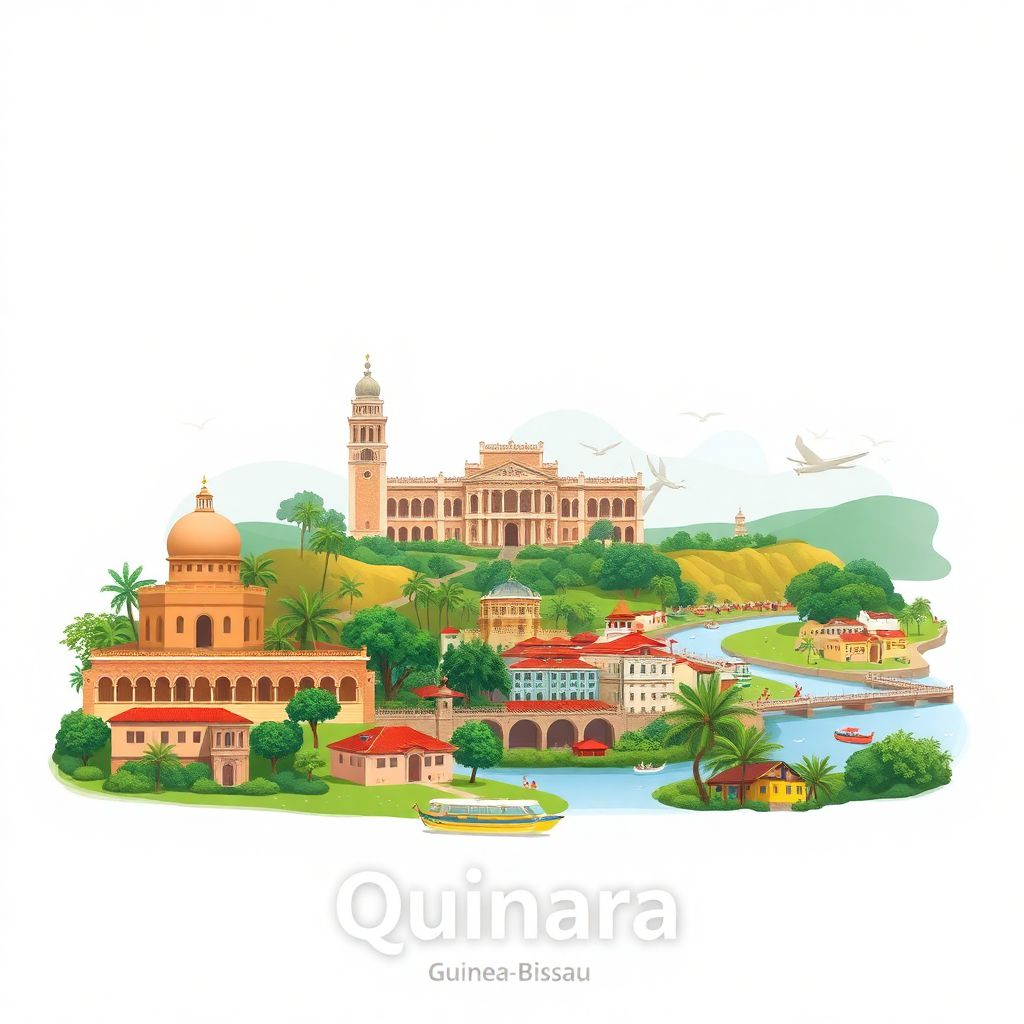 Ultra-high-definition gradient illustration style Quinara illustration, showing the unique charm of the Bafata Regional Museum, the historic city of Bafata, and the Geba River.