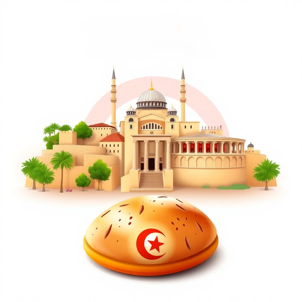 Ultra-high-definition gradient illustrations in Tunisian style, featuring the ancient city of Carthage and the Kairouan Mosque