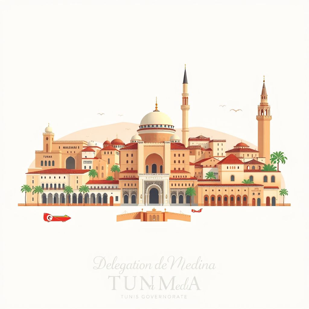 Ultra-high-definition gradient illustration style Delegation de la Medina illustration, featuring the Medina of Tunis, the Zitouna Mosque, and Bab el Bhar.