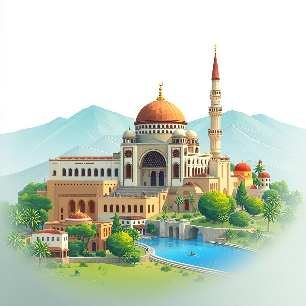 Ultra-high-definition gradient illustration style Commune de Ziama Mansouria illustration, showing the unique charm of the Great Mosque of Jijel and the beautiful landscapes of the region.
