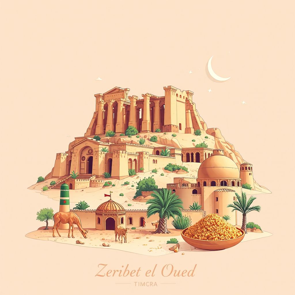 Ultra-high-definition gradient illustration style Commune de Zeribet el Oued illustration, showing the unique charm of the ancient ruins of Timgad, and traditional Algerian cuisine, couscous.