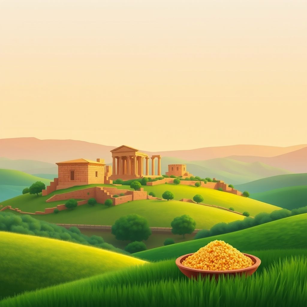 Ultra-high-definition gradient illustration of Commune de Zarouria, Taoura, Souk Ahras, Algeria, featuring Roman ruins of Tazoult, landscapes, and traditional Algerian cuisine.