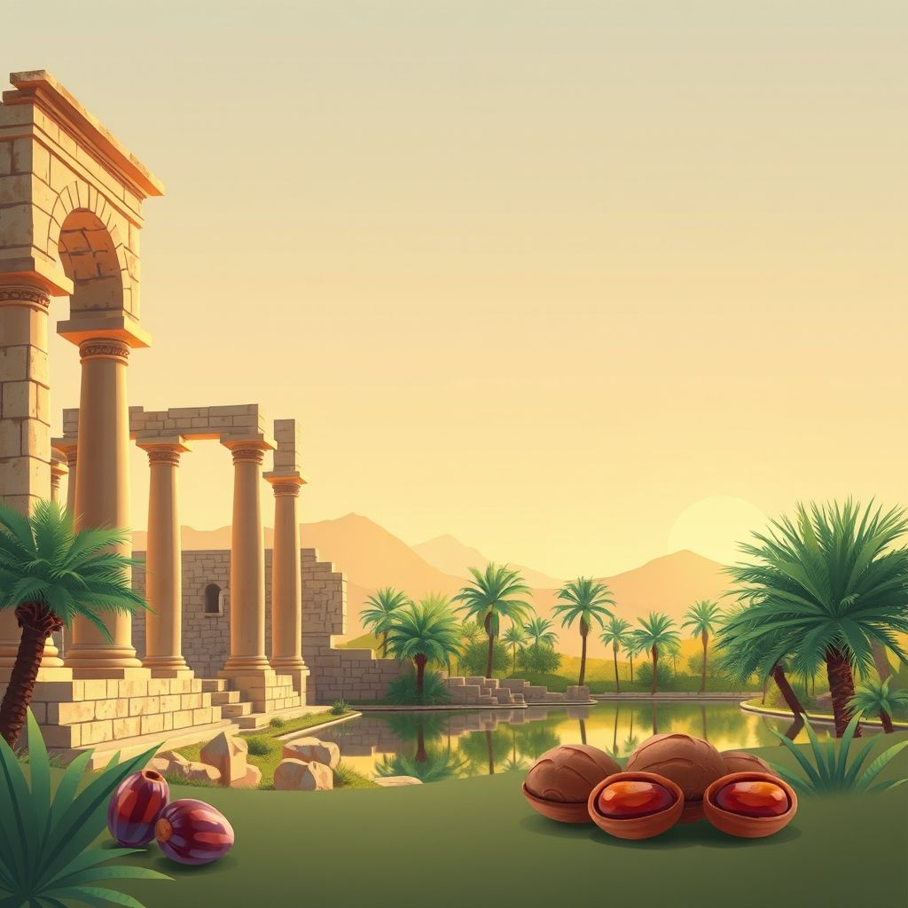 Ultra-high-definition gradient illustration of Tolga, Biskra, Algeria, featuring ancient Roman ruins, an oasis, dates, and traditional Algerian pastries.
