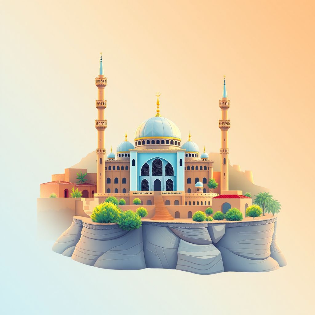 Ultra-high-definition gradient illustration style artwork of Daira de Tlemcen, Tlemcen, Algeria, featuring the Grand Mosque of Tlemcen and Tlemcen National Park.