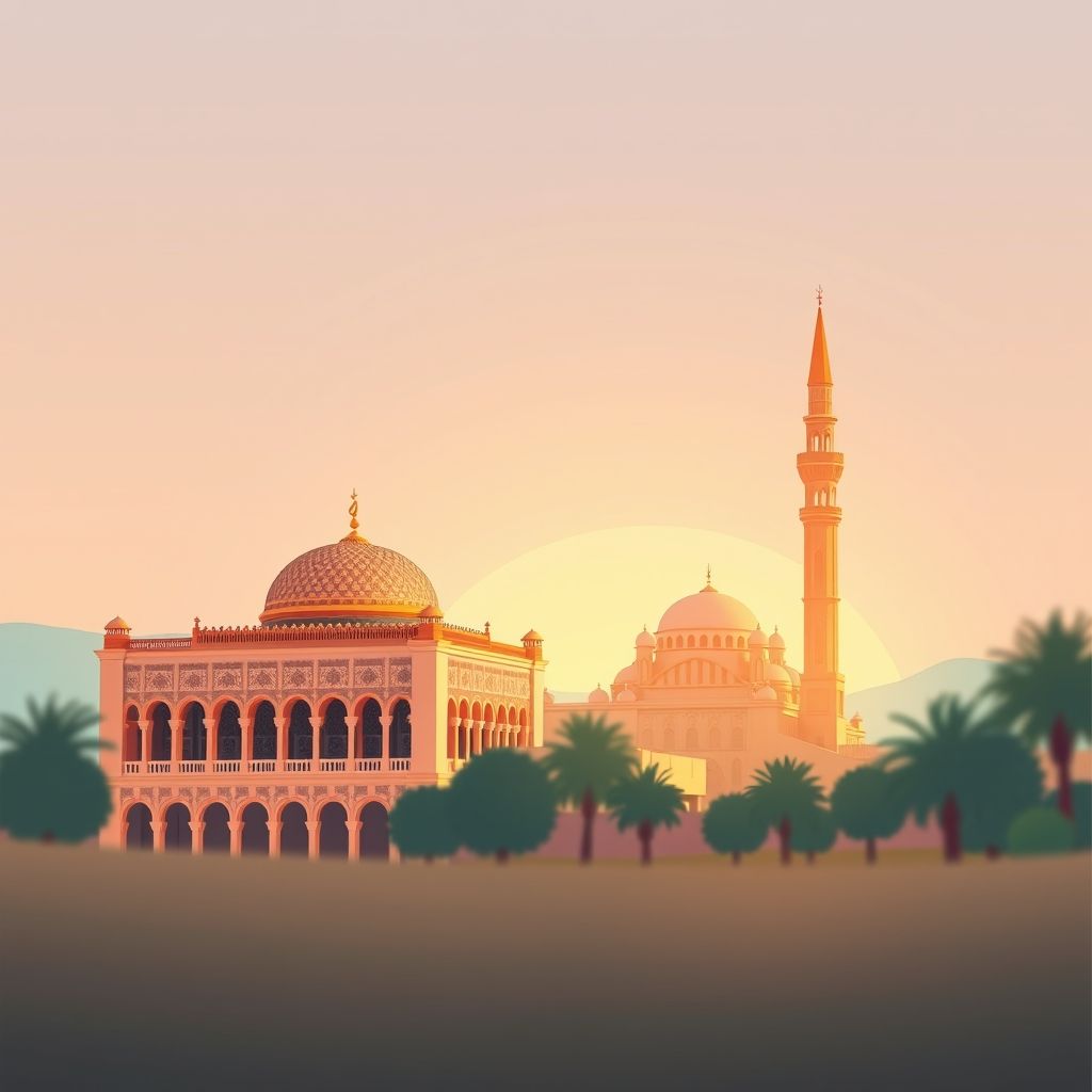 Ultra-high-definition gradient illustration of Commune de Tlemcen, featuring El Mechouar Palace, the Great Mosque of Tlemcen, and the local delicacy Makroudh.