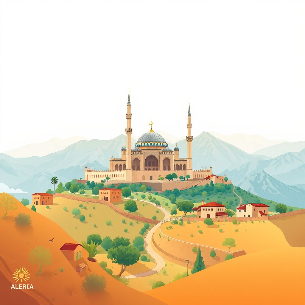 Ultra-high-definition gradient illustration style Commune de Tizi Rached illustration, showing the unique charm of the Tizi Ouzou Mosque and the Tizi Ouzou Valley.