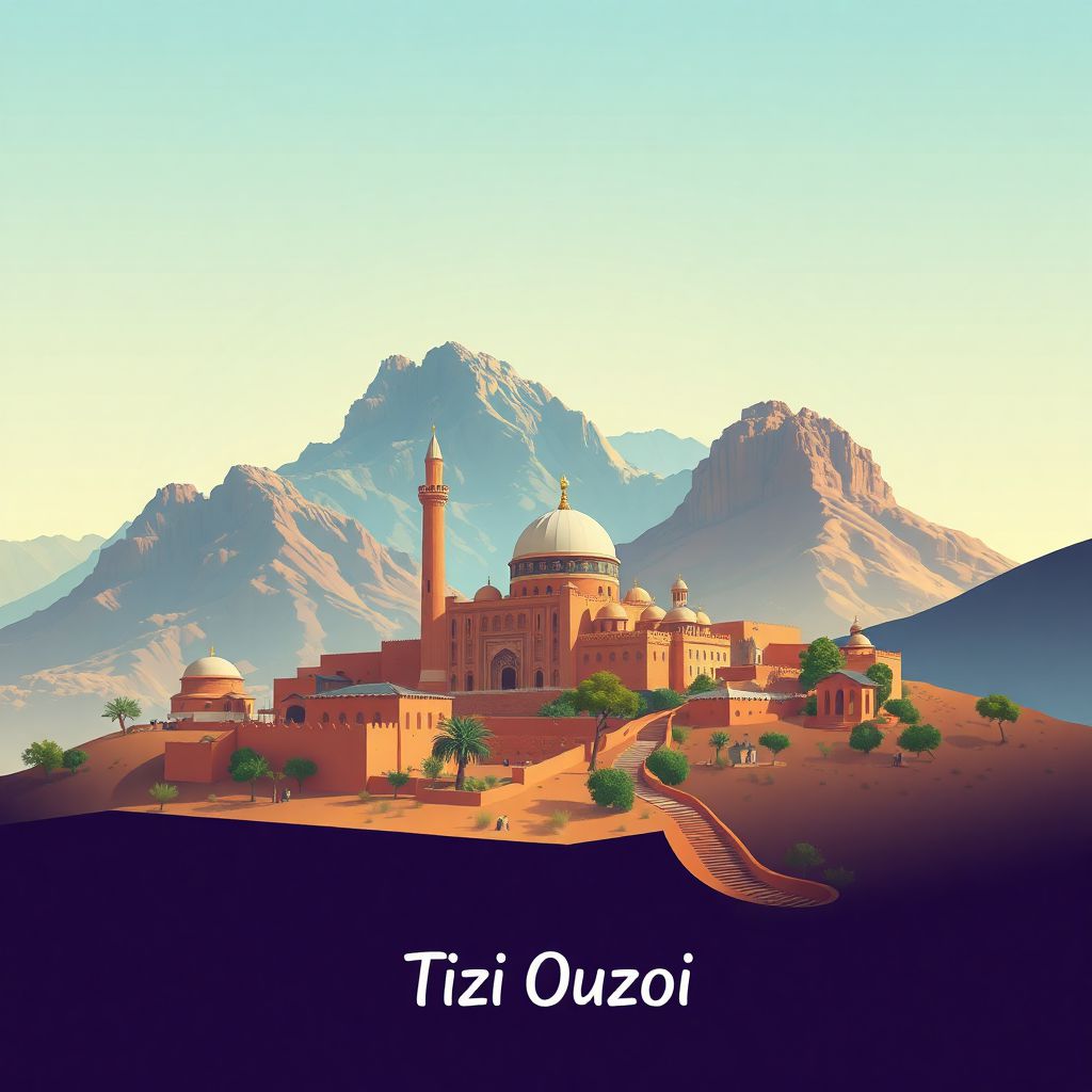 Ultra-high-definition gradient illustration style Tizi Ouzou image, featuring the Great Mosque of Tizi Ouzou and Djurdjura National Park.