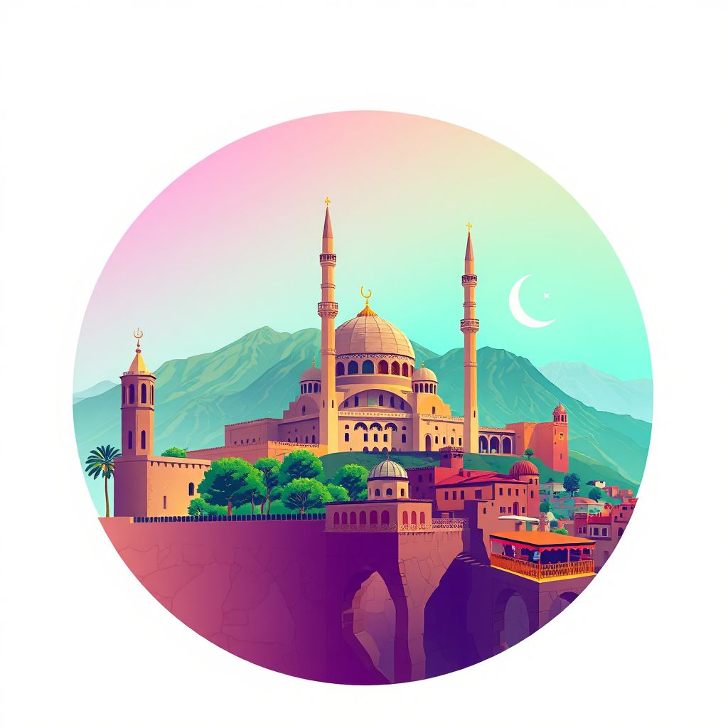 Ultra-high-definition gradient illustration style Daira de Tizi Ouzou illustration, featuring the Great Mosque of Tizi Ouzou, Djurdjura National Park, and Tizi Ouzou Market.