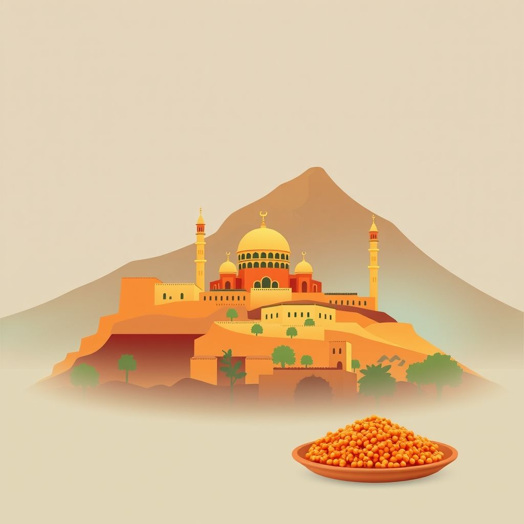 Ultra-high-definition gradient illustration of Commune de Tizi Ouzou, featuring the Great Mosque of Tizi Ouzou, M'Zata Mountain, and couscous.