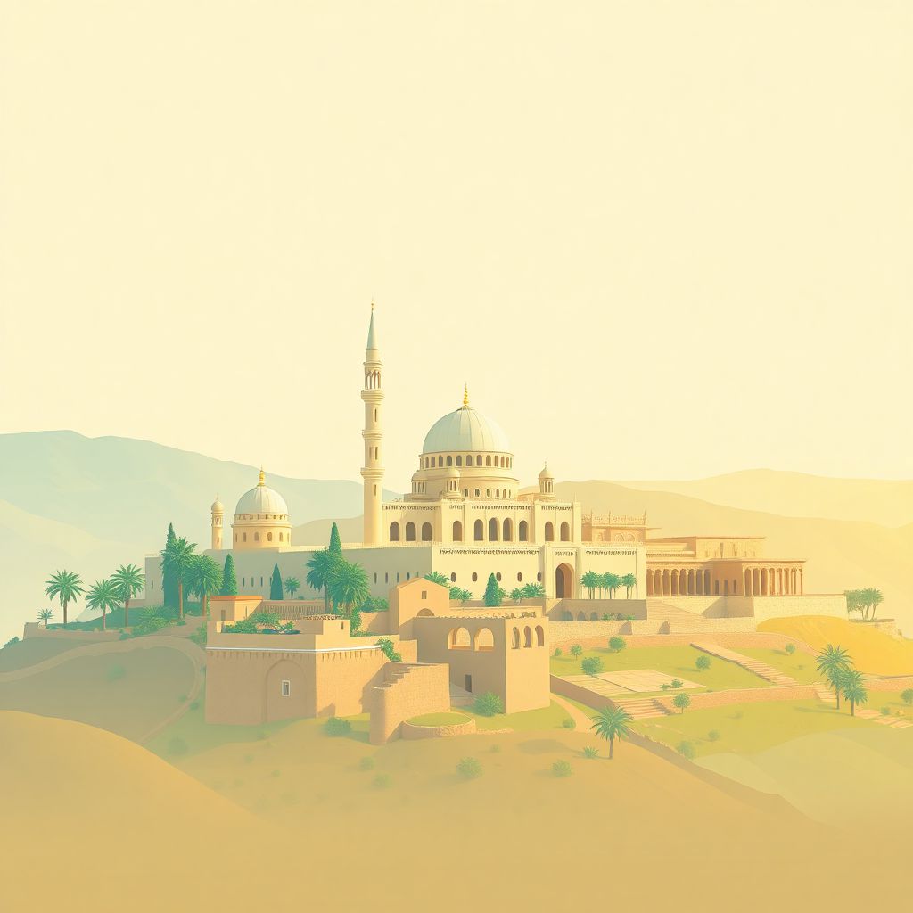 Ultra-high-definition gradient illustration of Tissemsilt, Algeria, featuring the Tissemsilt Grand Mosque and Ksar Sbahi ruins.