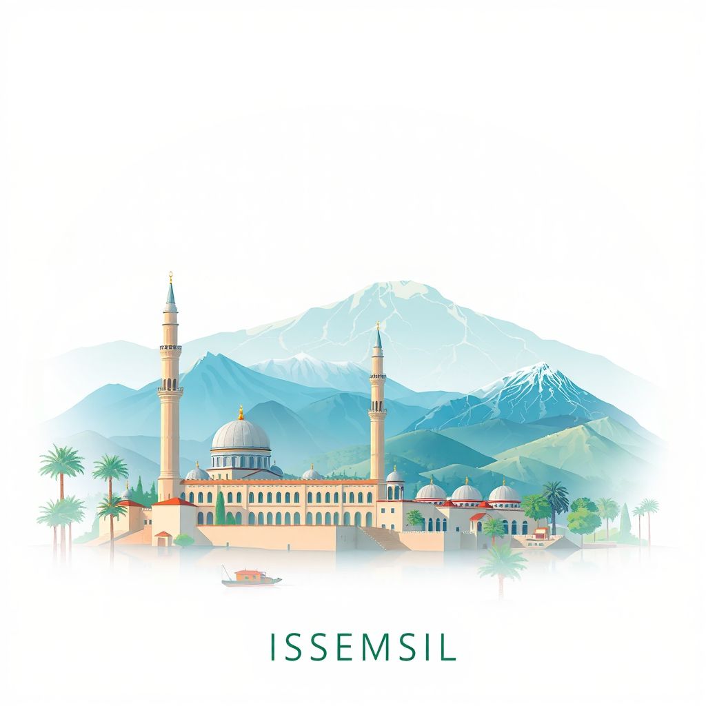 Ultra-high-definition gradient illustration style Commune de Tissemsilt illustration, showing the unique charm of the Tissemsilt Mosque and the surrounding mountains.