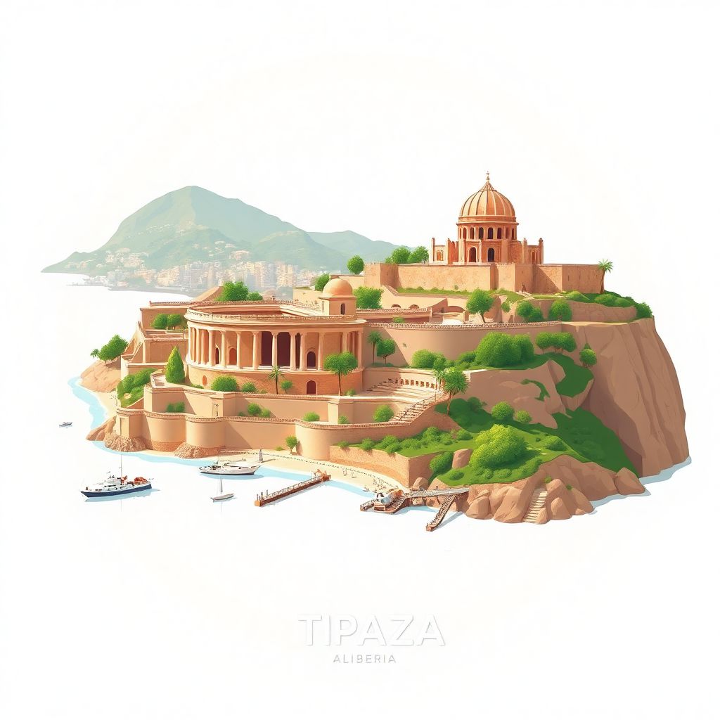 Ultra-high-definition gradient illustration of Tipaza, Algeria, featuring the Tipasa Amphitheater, Royal Mausoleum of Mauretania, and coastal views.