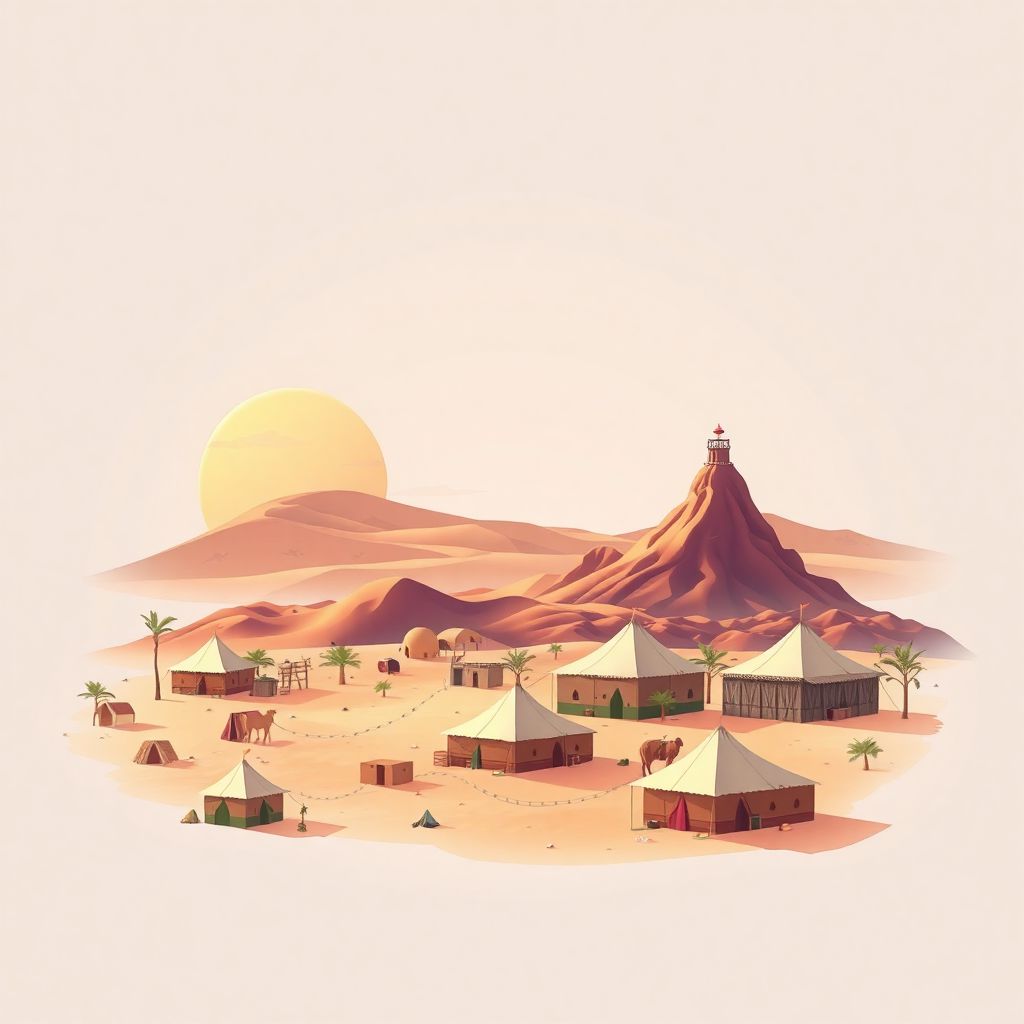 Ultra-high-definition gradient illustration style Tindouf illustration, showing the unique charm of the Sahrawi refugee camps, the vast Sahara Desert, and traditional nomadic tents.