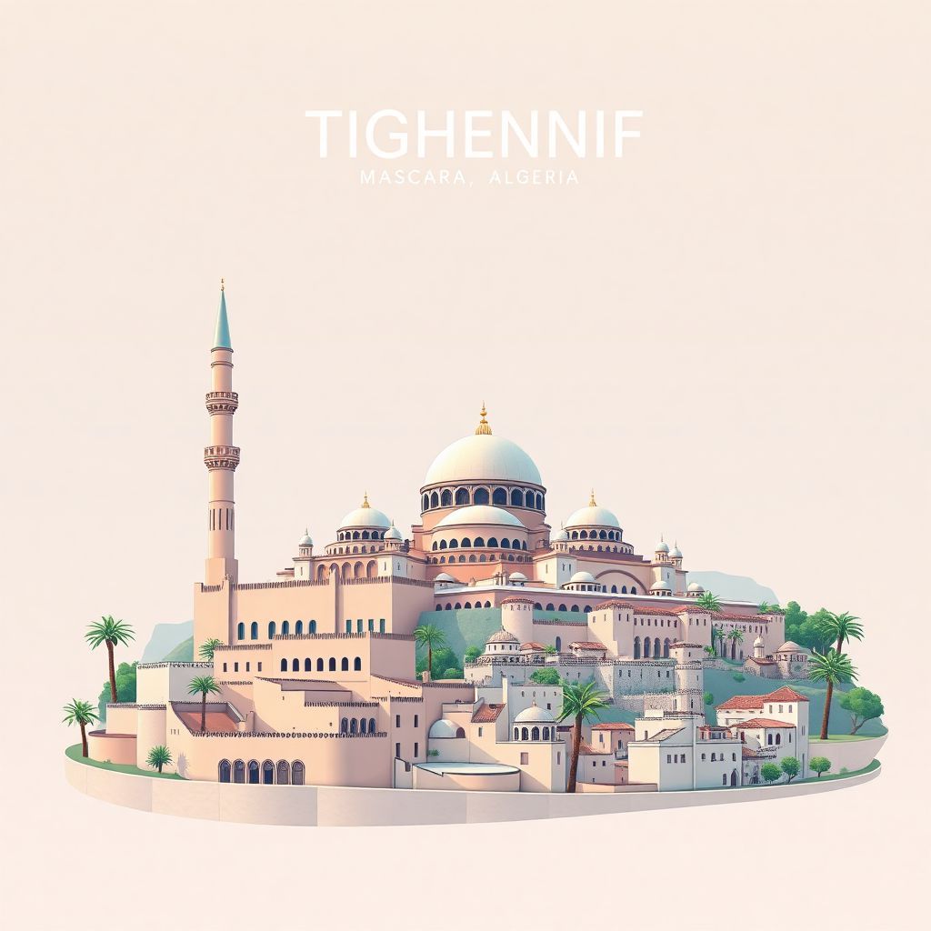 Ultra-high-definition gradient illustration style Tighennif illustration, showing the unique charm of the Great Mosque, historic old town.