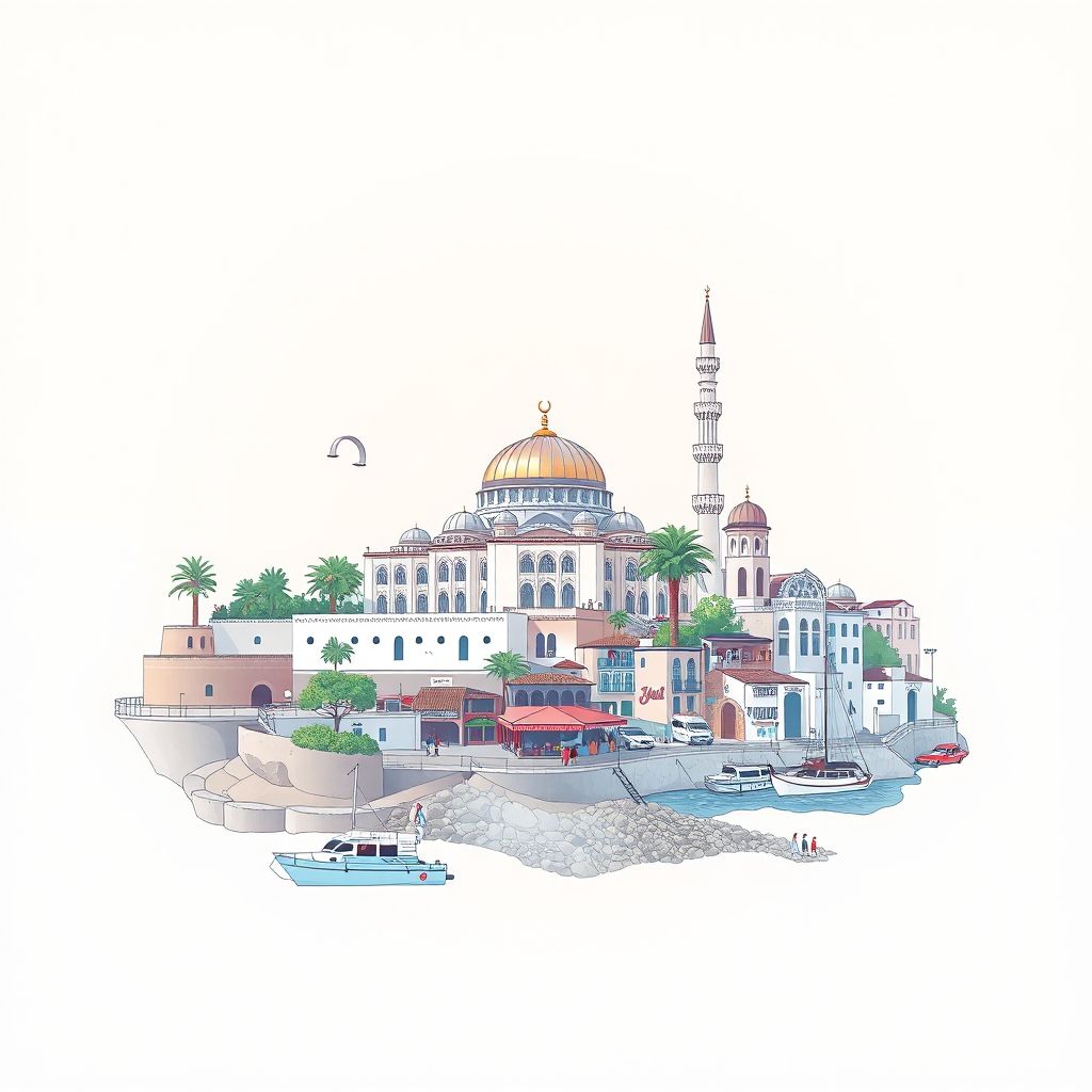 Ultra-high-definition gradient illustration style Commune de Tichi illustration, showing the unique charm of the Tichy Mosque, the Tichy Market, and the Mediterranean Sea.