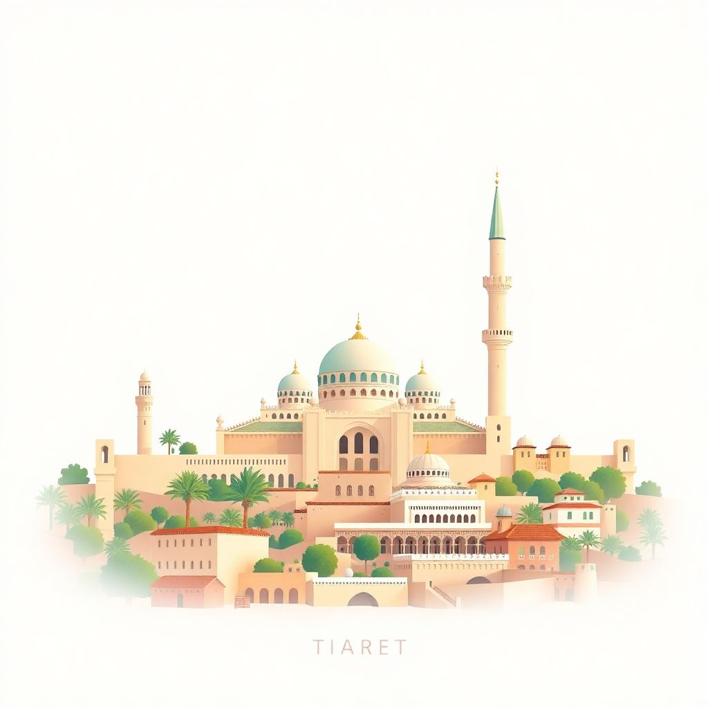 Ultra-high-definition gradient illustration style Tiaret illustration, showing the unique charm of the Great Mosque of Tiaret and the historic Medina.
