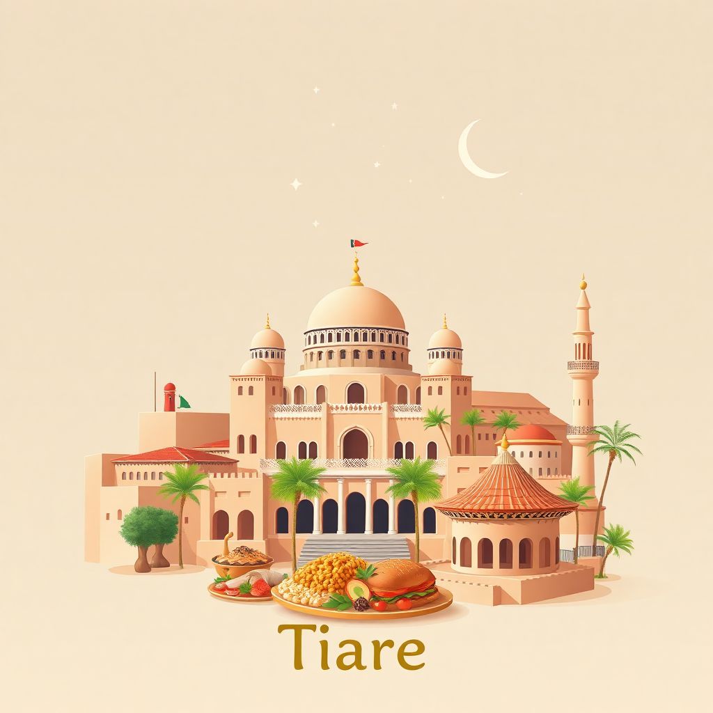 Ultra-high-definition gradient illustration of Tiaret, Algeria, featuring the Tiaret Museum, Madrasa of Tiaret, and traditional Algerian cuisine.