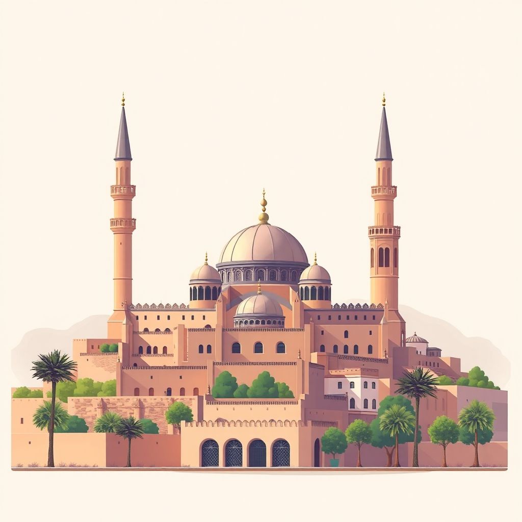 Ultra-high-definition gradient illustration style Commune de Tiaret illustration, showing the unique charm of the Great Mosque of Tiaret and the historic Kasbah.
