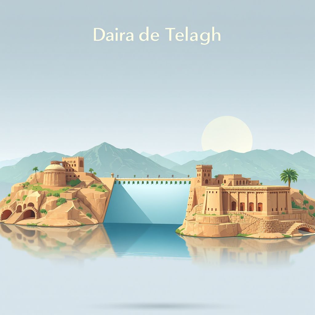 Ultra-high-definition gradient illustration style Daira de Telagh artwork, featuring the Telagh Dam and historic ruins.