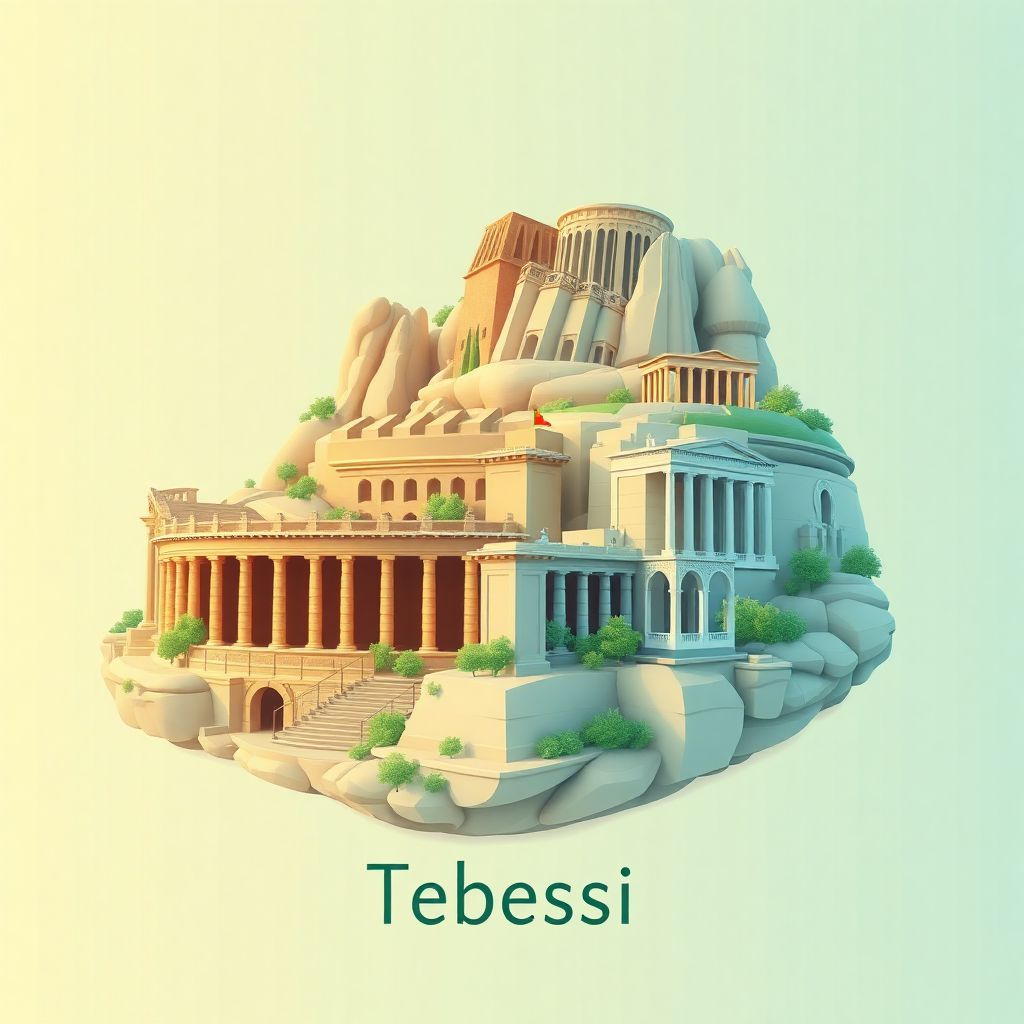 Ultra-high-definition gradient illustration style Tebessa illustration, showing the unique charm of the Roman Theatre of Tebessa, the Temple of Minerva, and Tebessa National Park.