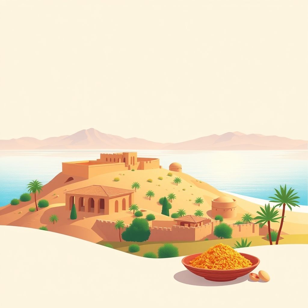 Ultra-high-definition gradient illustration of Commune de Tamzoura, showcasing the Roman ruins of Pomaria, Chott Ech Chergui salt lake, and traditional Algerian couscous.
